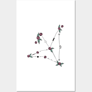 Aquila (The Eagle) Constellation Roses and Hearts Doodle Posters and Art